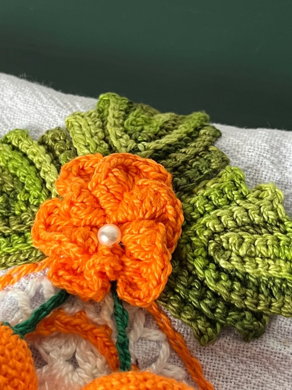 Handcrafted Linen Cotton Embroidered 3D Amigurumi Orange Fruit Kitchen Tea Towel
